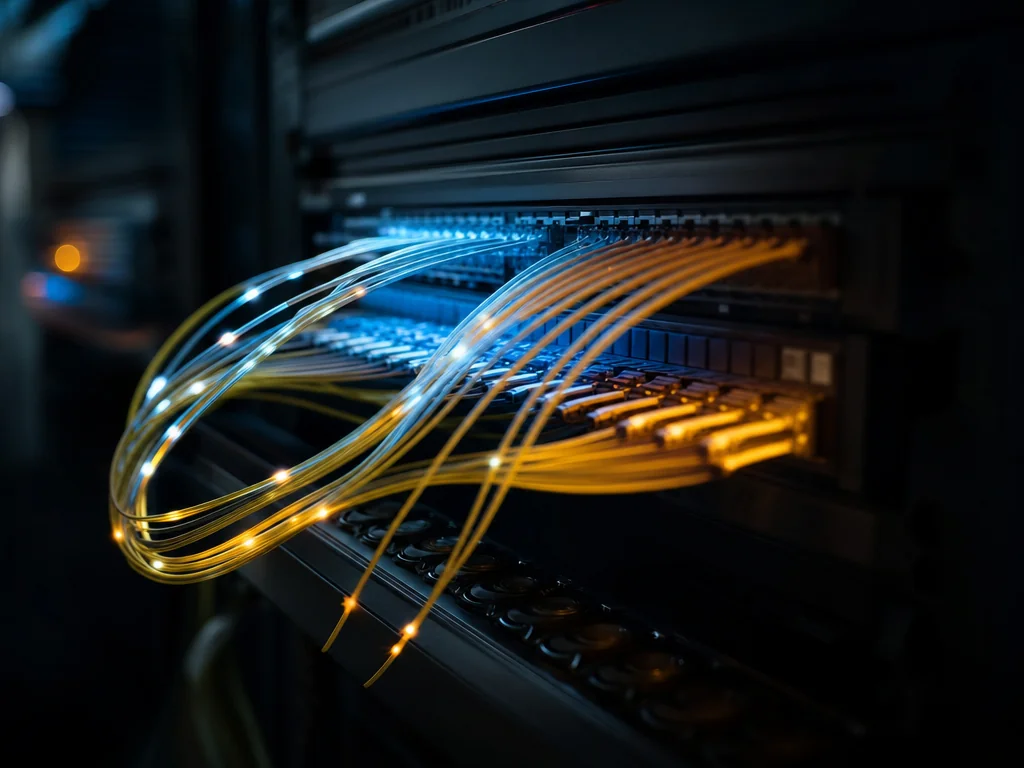 Netzwerkverteiler mit sauber gepatchten Glasfaser- und LAN-Kabeln im Hausanschlussraum