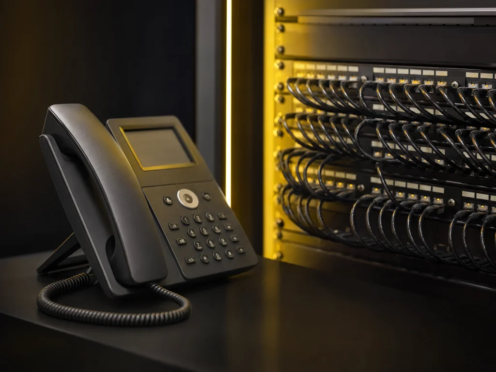 Moderne VoIP-Telefonanlage mit Netzwerktechnik in einem Büro, fachgerecht verkabelt
