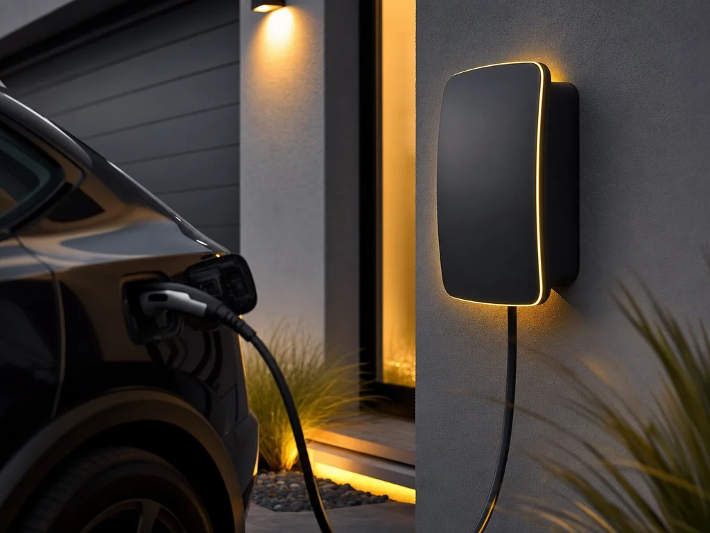 Wallbox für Elektroautos an der Garagenwand, fachgerecht angeschlossen und beleuchtet